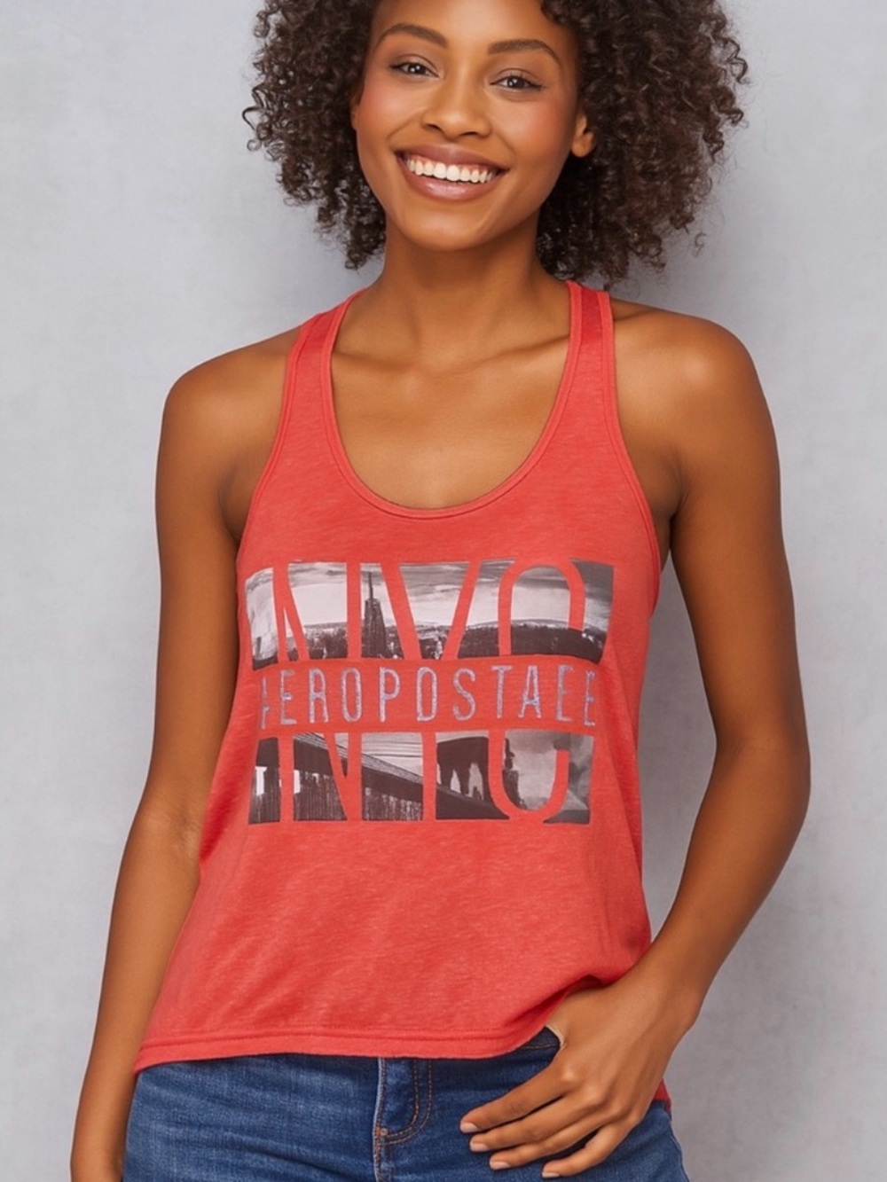Aeropostale Coral Pink NYC Photo Graphic Racerback Tank Top XS